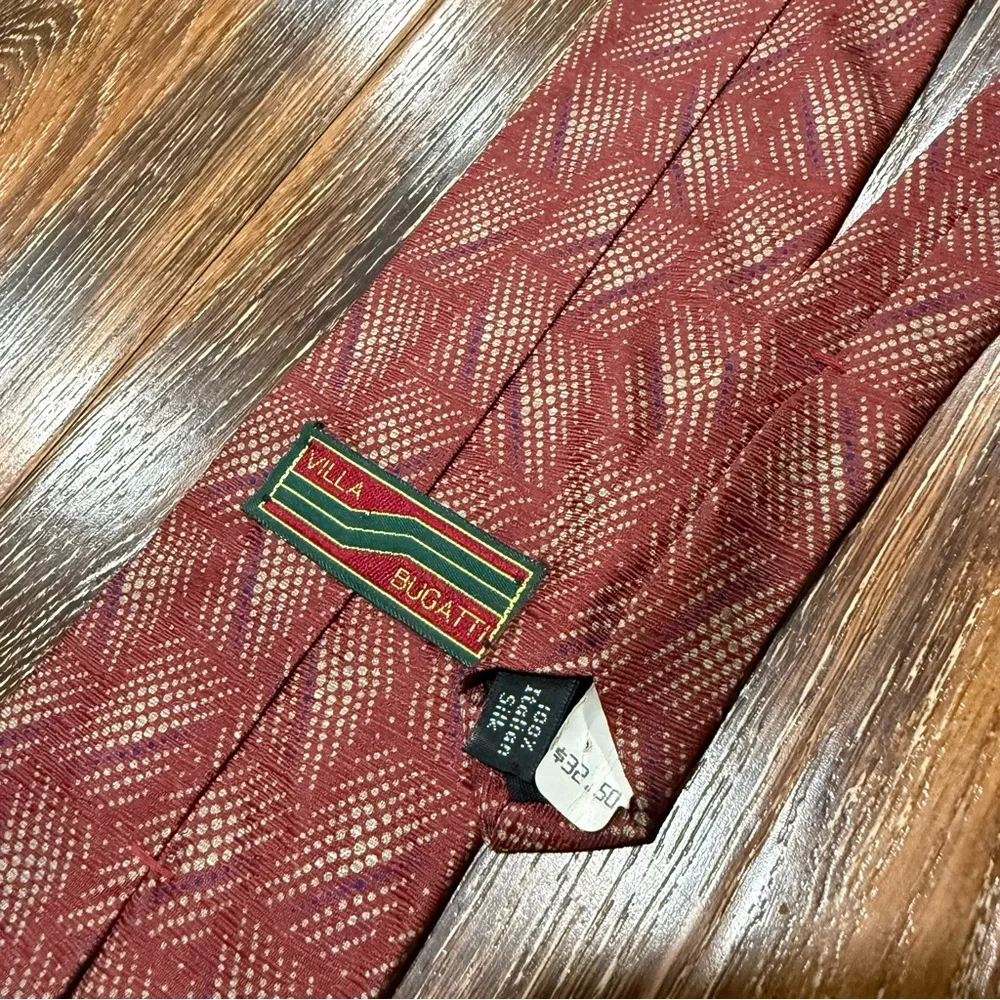 100% Silk Burgundy Patterned Villa Bugatti Neck Tie Mens Vintage Wear‎ Red